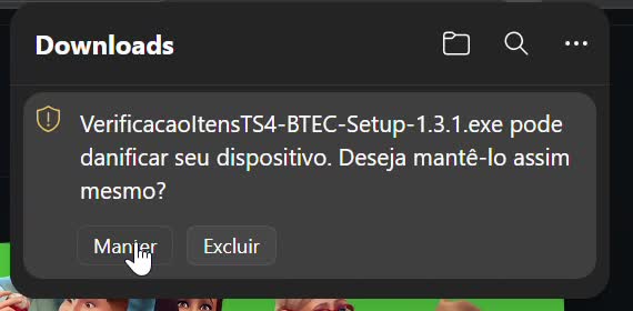 Painel de downloads do Edge com os botões Manter e Excluir