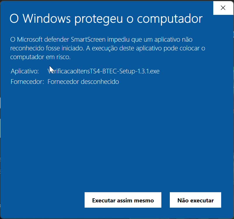 Aviso do SmartScreen após expandir Mais informações, com Executar assim mesmo e Não executar